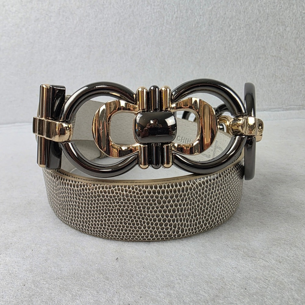 Chico's Snakeskin Print Belt Mixed Metal Gold Gunmetal Circle Link 47"